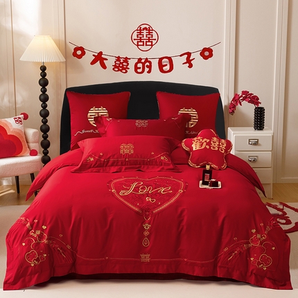 91家纺网 家纺一手货源 找家纺 （总）甜咪咪婚庆 2025新款纯棉刺绣婚庆大红四件套