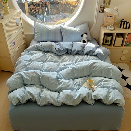 田野家纺2025新款全棉水洗棉米粒系列四件套 水洗棉米粒 湖蓝