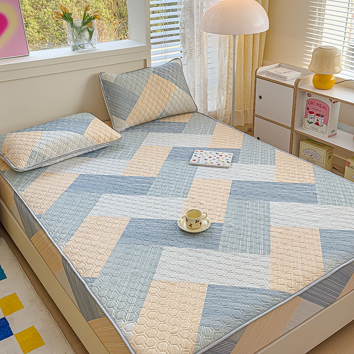 91家纺网 家纺一手货源 找家纺 小萌虎 2025新款凉感丝胶质凉席床笠款 幸运条纹