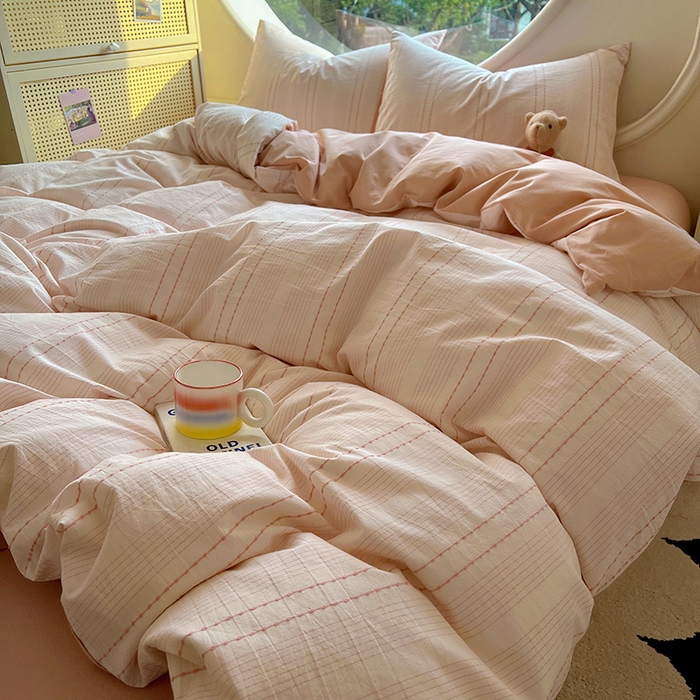 91家纺网 家纺一手货源 找家纺 田野家纺2025新款全棉水洗棉米粒系列四件套 水洗棉米拉 粉