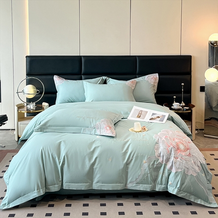 91家纺网 家纺一手货源 找家纺 理想家家纺 2025新款亲肤舒适纯棉刺绣四件套-绽放 绽放-绿