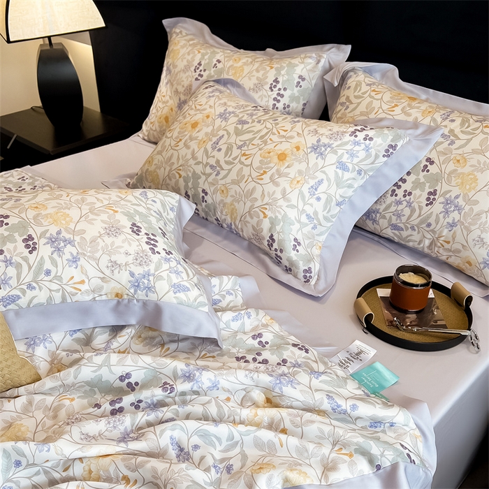 91家纺网 家纺一手货源 找家纺 朵希曼2025新款50天丝宽边夏被和夏被四件套系列 悦夏 米