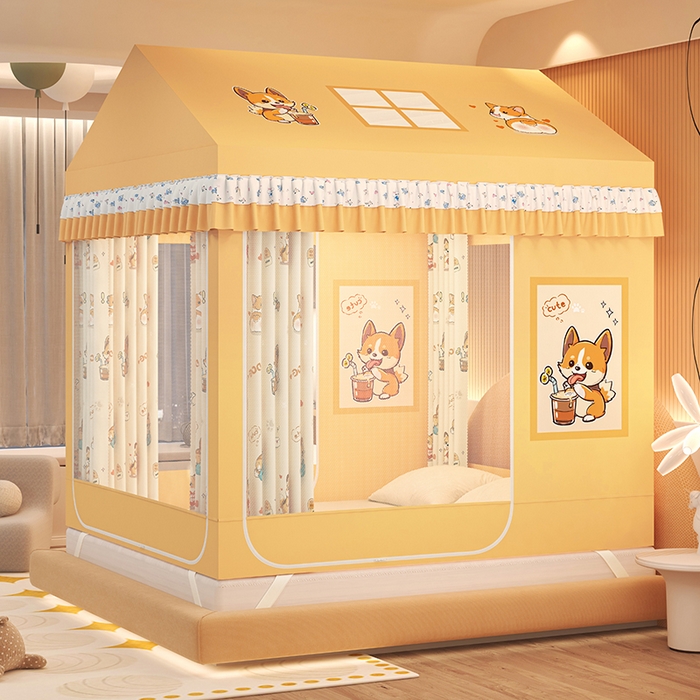 91家纺网 家纺一手货源 找家纺 迪凡保罗蚊帐 2025新款2505城堡款房型遮光防摔坐床蚊帐 调皮狗