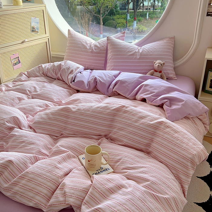 91家纺网 家纺一手货源 找家纺 田野家纺2025新款全棉水洗棉提花豆豆系列四件套 水洗棉豆豆 雾紫