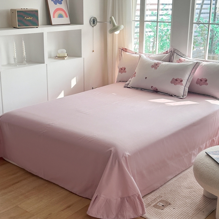 91家纺网 家纺一手货源 找家纺 眷恋家纺 2025年春夏全棉铂金棉13376数码印花四件套 爱心兔-粉