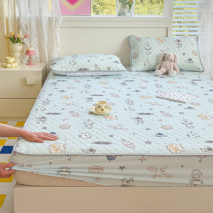 91家纺网 家纺一手货源 找家纺 小萌虎 2025新款凉感丝胶质凉席床笠款 遨游太空