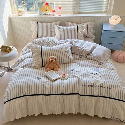 优悦生活馆 2025新款全棉纯棉水洗棉印花四件套-牛奶小狗 牛奶小狗-灰