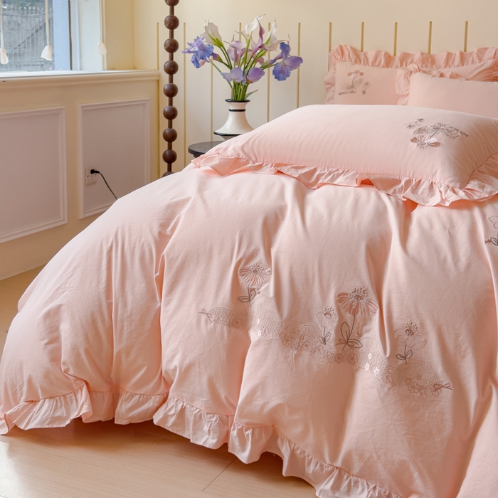 91家纺网 家纺一手货源 找家纺 U品汇 A类全棉色织水洗棉刺绣花四件套纯棉100%棉韩版公主风立体花朵 春野浪漫-美人玉