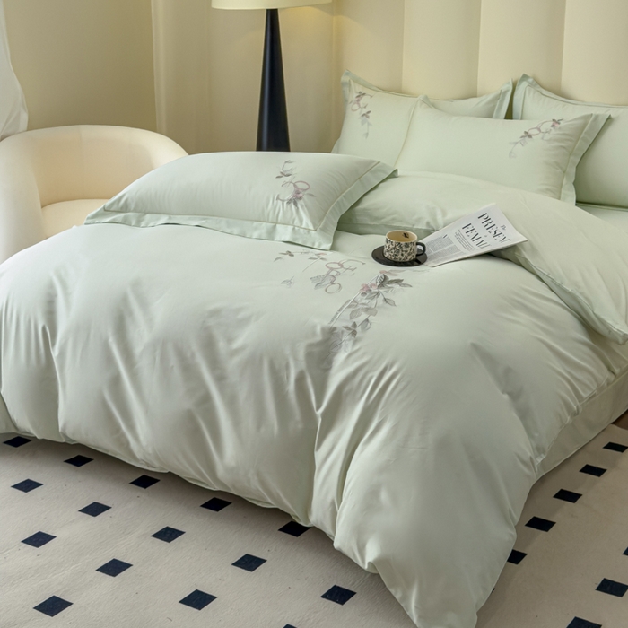 91家纺网 家纺一手货源 找家纺 U品汇 2025新款纯棉全棉长绒棉刺绣绣花高端礼盒四件套-夏瑾系列 夏瑾-清澈绿