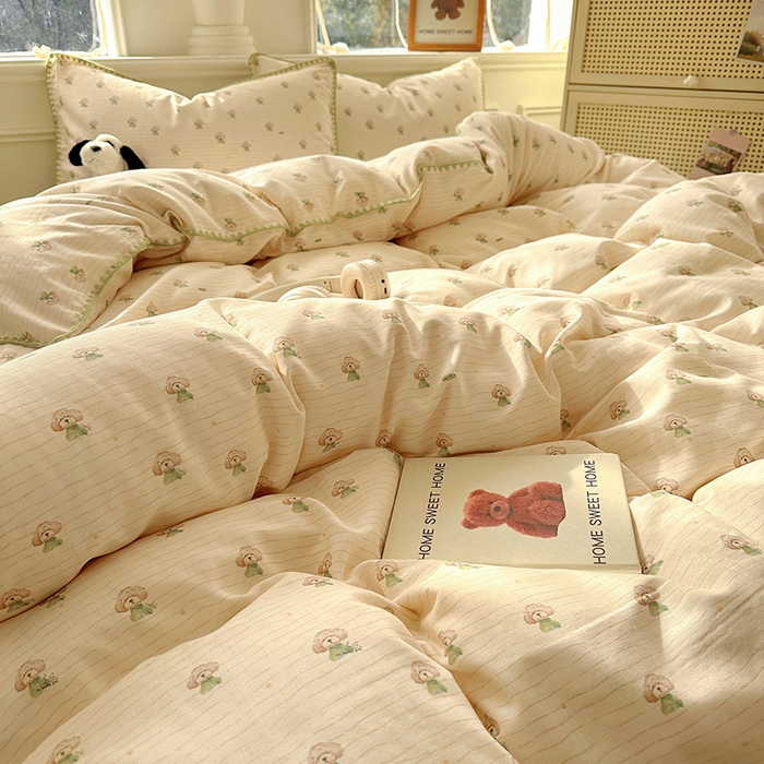 91家纺网 家纺一手货源 找家纺 田野家纺2025新款A类全棉双层纱四件套 布丁狗