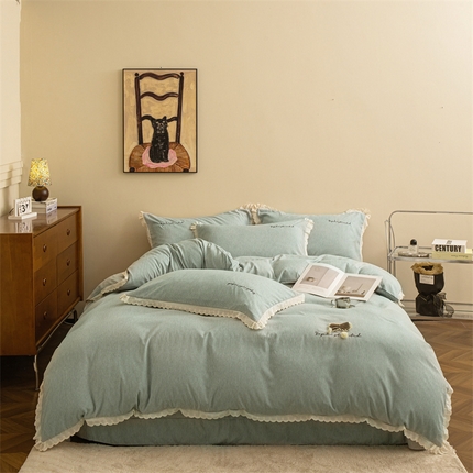 91家纺网 家纺一手货源 找家纺 （总）庭笙 2025新款无印.色织条纹少女韩式小花边简约条纹四件套