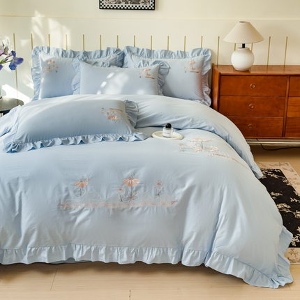 U品汇 A类全棉色织水洗棉刺绣花四件套纯棉100%棉韩版公主风立体花朵 春野浪漫-星空蓝