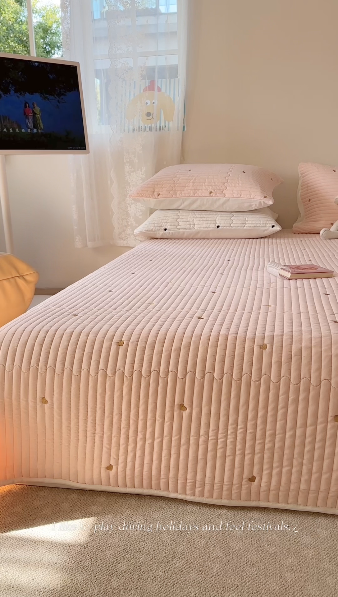 91家纺网 家纺一手货源 找家纺 优悦生活馆 2025新款亲肤舒适水洗棉夹棉床盖 暖心-粉