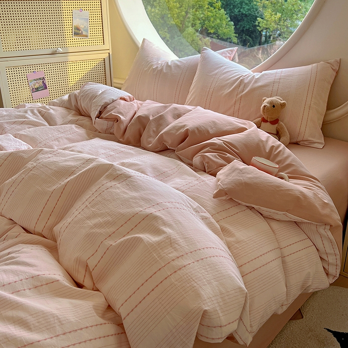 91家纺网 家纺一手货源 找家纺 田野家纺2025新款全棉水洗棉米粒系列四件套 水洗棉米拉 粉