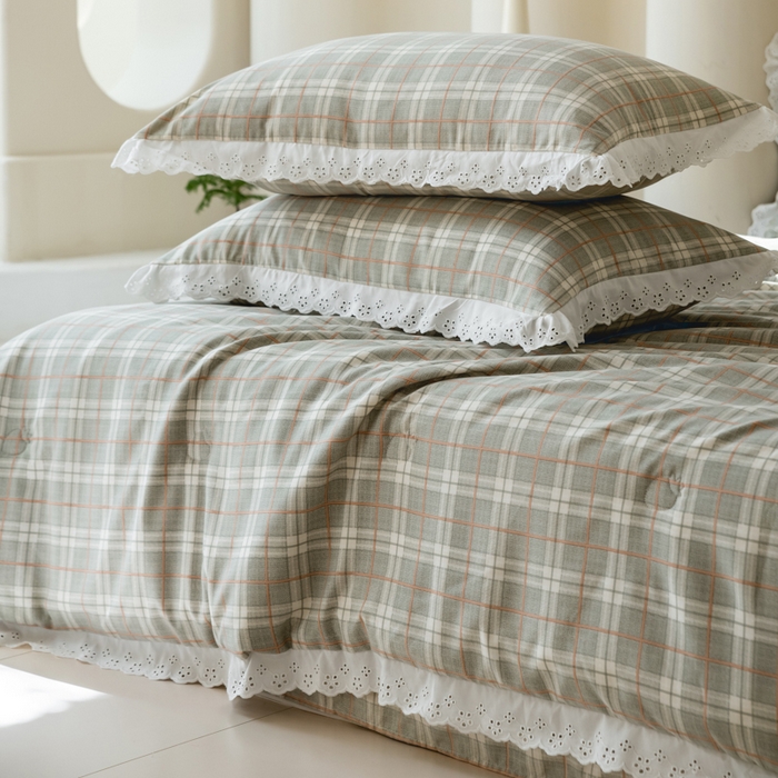 91家纺网 家纺一手货源 找家纺 绒世界 绒世界 2025新款双层纱韩版印花夏被四件套 格子-绿