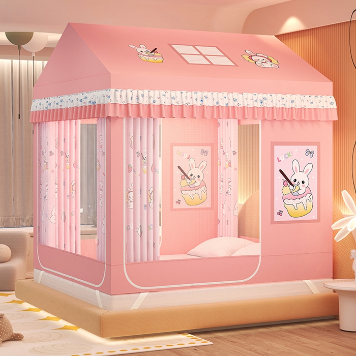 91家纺网 家纺一手货源 找家纺 迪凡保罗蚊帐 2025新款2505城堡款房型遮光防摔坐床蚊帐 粉红兔兔