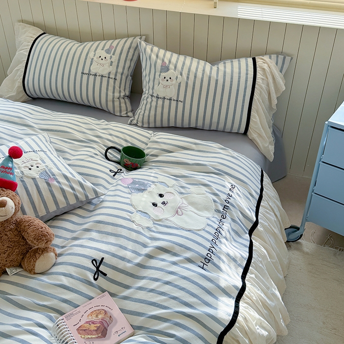 91家纺网 家纺一手货源 找家纺 优悦生活馆 2025新款全棉纯棉水洗棉印花四件套-牛奶小狗 牛奶小狗-蓝