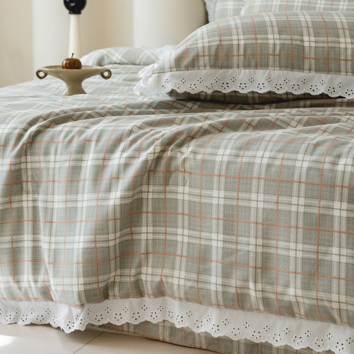 91家纺网 家纺一手货源 找家纺 绒世界 绒世界 2025新款双层纱韩版印花夏被四件套 格子-绿