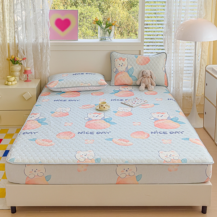 91家纺网 家纺一手货源 找家纺 小萌虎 2025新款凉感丝胶质凉席床笠款 水蜜桃