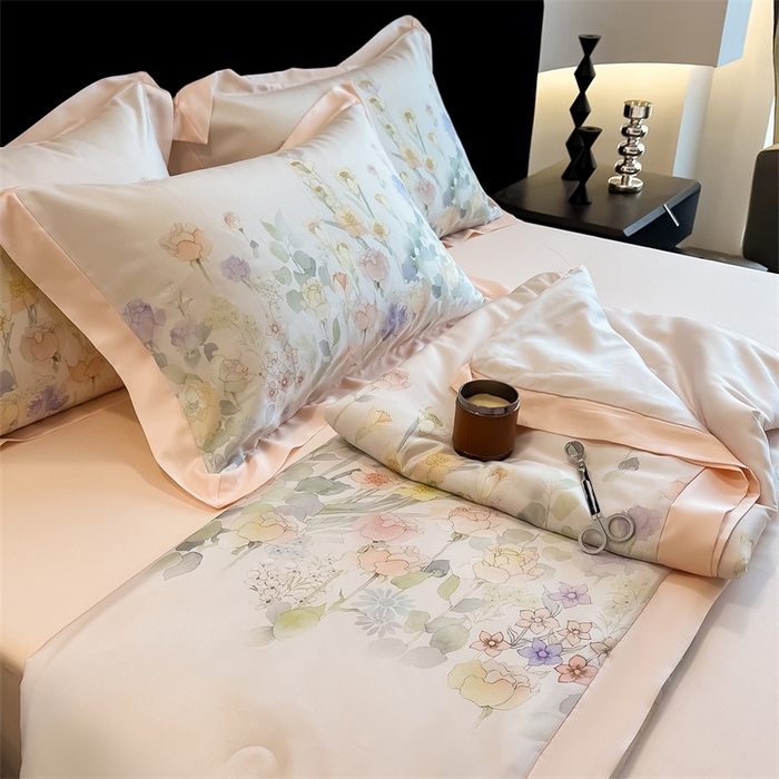 91家纺网 家纺一手货源 找家纺 朵希曼2025新款50天丝宽边夏被和夏被四件套系列 印象花艺 桔