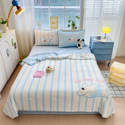 星期八 2025新款针织棉夏被四件套 竖条狗狗蓝
