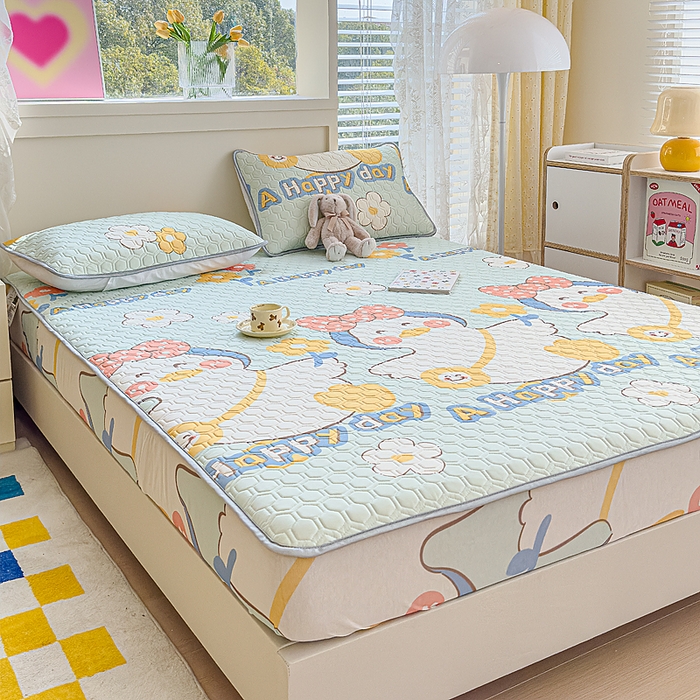 91家纺网 家纺一手货源 找家纺 小萌虎 2025新款凉感丝胶质凉席床笠款 可爱鸭