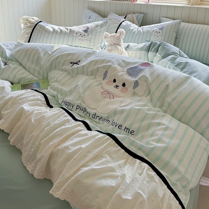 91家纺网 家纺一手货源 找家纺 优悦生活馆 2025新款全棉纯棉水洗棉印花四件套-牛奶小狗 牛奶小狗-绿