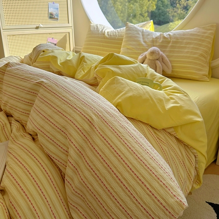 91家纺网 家纺一手货源 找家纺 田野家纺2025新款全棉水洗棉提花豆豆系列四件套 水洗棉豆豆-黄