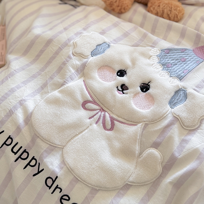 91家纺网 家纺一手货源 找家纺 （总）优悦生活馆 2025新款全棉纯棉水洗棉印花四件套-牛奶小狗