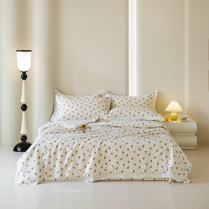 91家纺网 家纺一手货源 找家纺 绒世界 绒世界 2025新款双层纱韩版印花夏被四件套 啸天