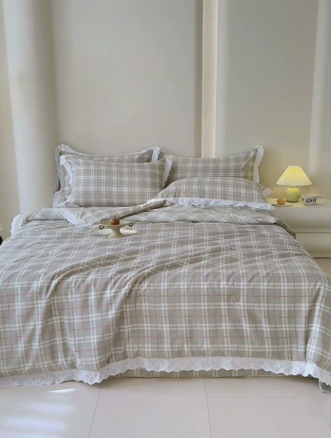 91家纺网 家纺一手货源 找家纺 绒世界 绒世界 2025新款双层纱韩版印花夏被四件套 格子-绿