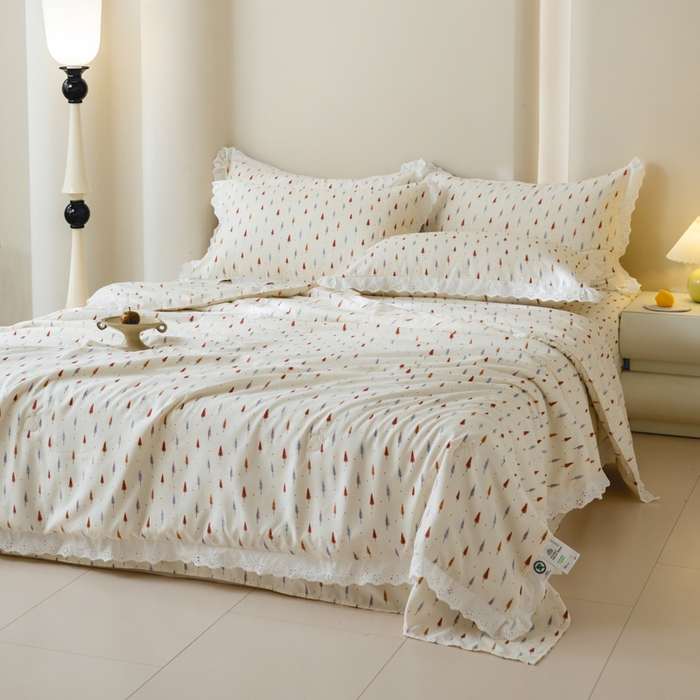 91家纺网 家纺一手货源 找家纺 绒世界 绒世界 2025新款双层纱韩版印花夏被四件套 梦幻森林