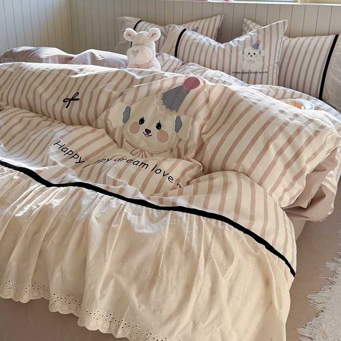 91家纺网 家纺一手货源 找家纺 优悦生活馆 2025新款全棉纯棉水洗棉印花四件套-牛奶小狗 牛奶小狗-米色