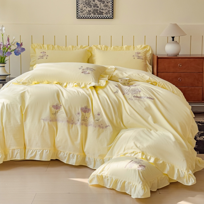 91家纺网 家纺一手货源 找家纺 U品汇 A类全棉色织水洗棉刺绣花四件套纯棉100%棉韩版公主风立体花朵 春野浪漫-柠檬黄