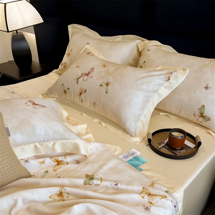 91家纺网 家纺一手货源 找家纺 朵希曼2025新款50天丝宽边夏被和夏被四件套系列 蝶舞