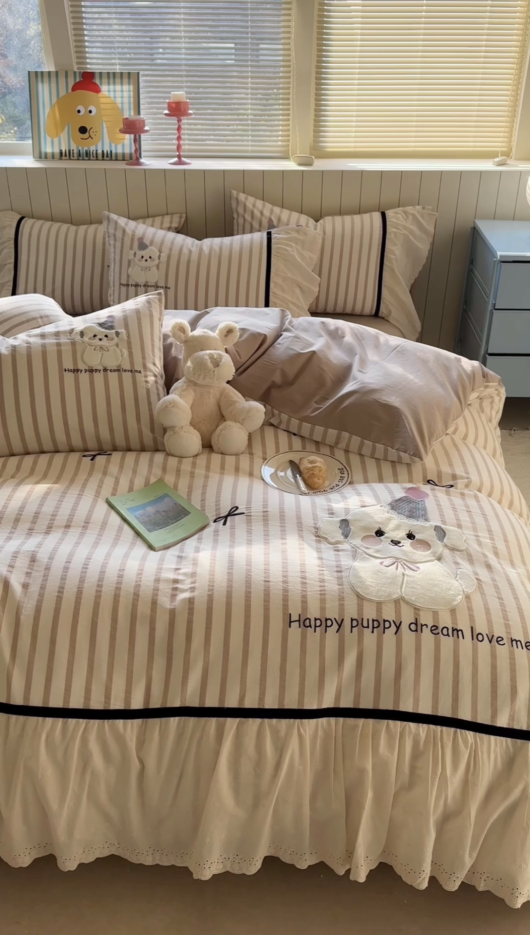 91家纺网 家纺一手货源 找家纺 （总）优悦生活馆 2025新款全棉纯棉水洗棉印花四件套-牛奶小狗