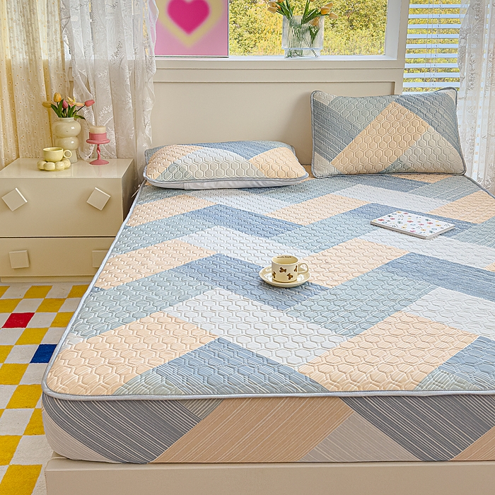 91家纺网 家纺一手货源 找家纺 小萌虎 2025新款凉感丝胶质凉席床笠款 幸运条纹