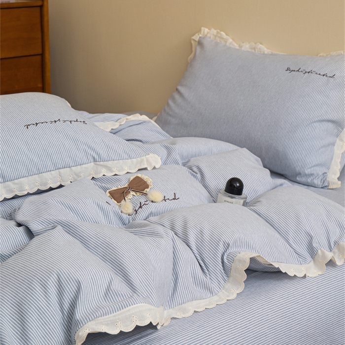 91家纺网 家纺一手货源 找家纺 庭笙 2025新款无印.色织条纹少女韩式小花边简约条纹四件套 色织条纹.蓝