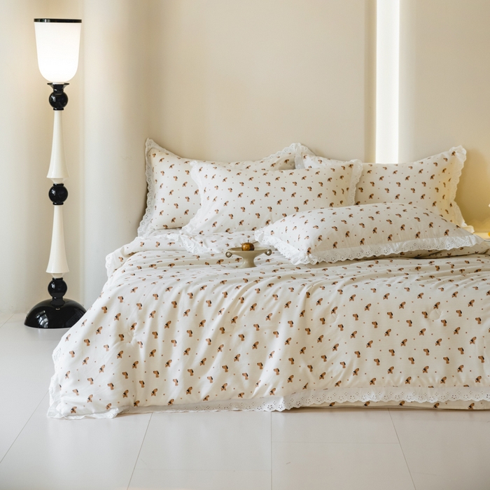 91家纺网 家纺一手货源 找家纺 绒世界 绒世界 2025新款双层纱韩版印花夏被四件套 啸天