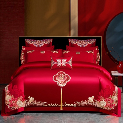 91家纺网 家纺一手货源 找家纺 （总）甜咪咪婚庆 2025新款纯棉刺绣婚庆大红四件套