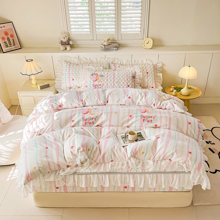 91家纺网 家纺一手货源 找家纺 眠势力 2025新款韩版花边被套双面用四季款ins公主风 糖果草莓