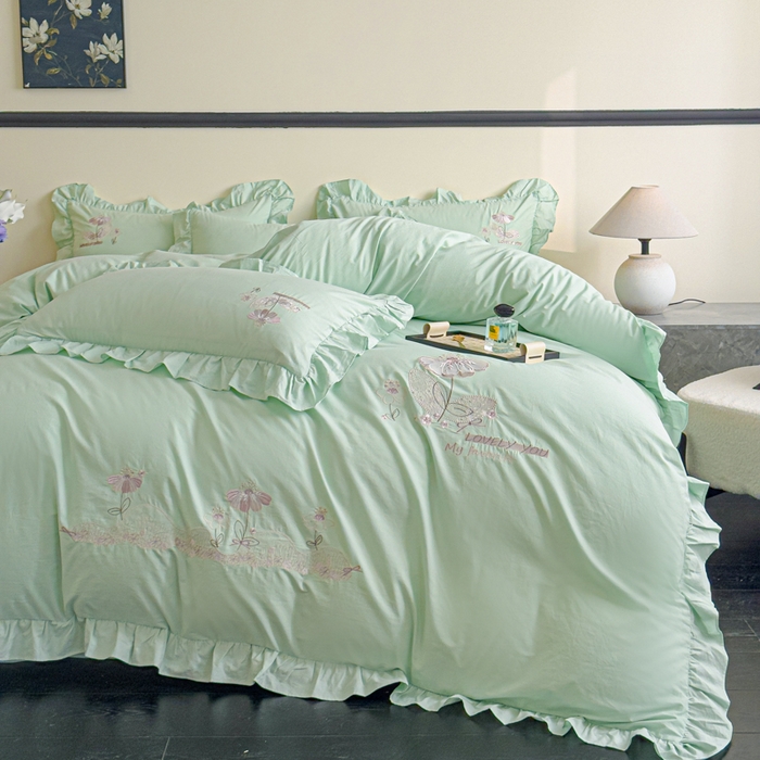 91家纺网 家纺一手货源 找家纺 U品汇 A类全棉色织水洗棉刺绣花四件套纯棉100%棉韩版公主风立体花朵 春野浪漫-清水绿