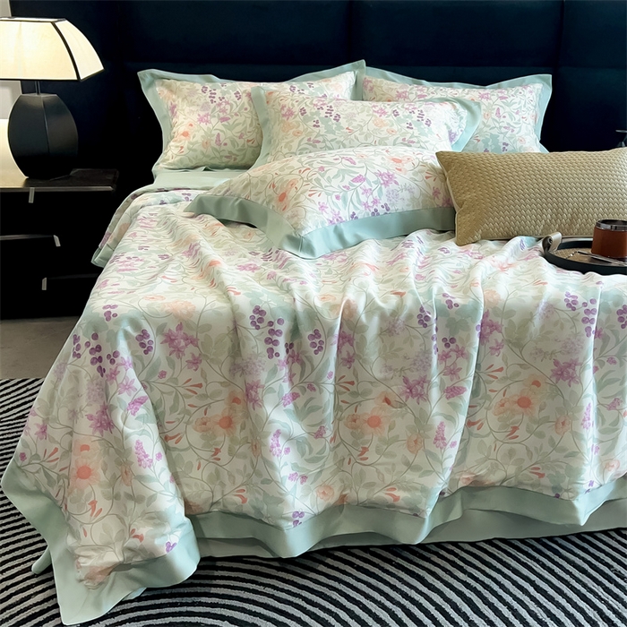 91家纺网 家纺一手货源 找家纺 朵希曼2025新款50天丝宽边夏被和夏被四件套系列 悦夏 粉紫