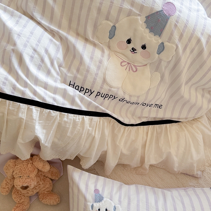 91家纺网 家纺一手货源 找家纺 （总）优悦生活馆 2025新款全棉纯棉水洗棉印花四件套-牛奶小狗