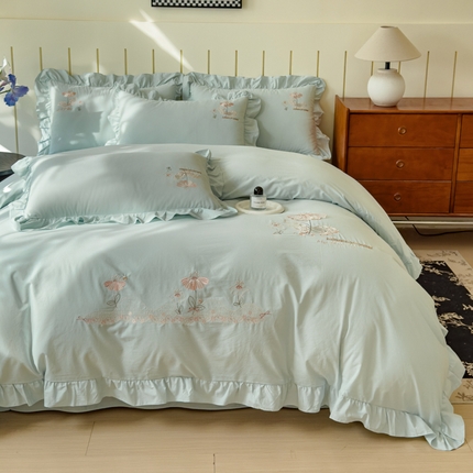 91家纺网 家纺一手货源 找家纺 （总）U品汇 A类全棉色织水洗棉刺绣花四件套纯棉100%棉韩版公主风立体花朵