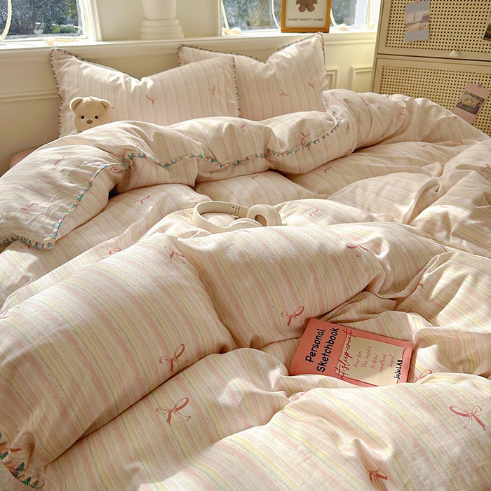 91家纺网 家纺一手货源 找家纺 田野家纺2025新款A类全棉双层纱四件套 飘带