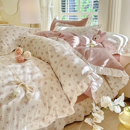91家纺网 家纺一手货源 找家纺 （总）艾唯希家纺2025新款韩式全棉蝴蝶结工艺四件套纯棉公主风花边系列