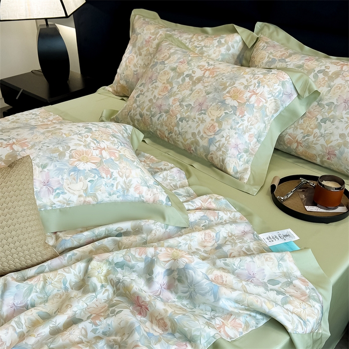 91家纺网 家纺一手货源 找家纺 朵希曼2025新款50天丝宽边夏被和夏被四件套系列 梦丝丽 米黄