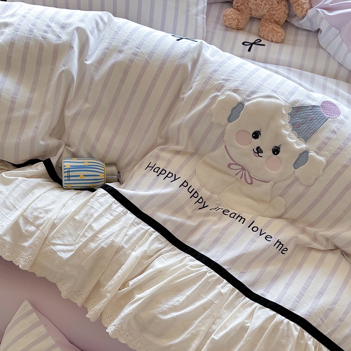 91家纺网 家纺一手货源 找家纺 优悦生活馆 2025新款全棉纯棉水洗棉印花四件套-牛奶小狗 牛奶小狗-紫