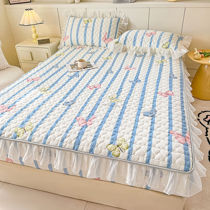 91家纺网 家纺一手货源 找家纺 眠势力 2025新款韩版花边床笠雪纺公主风ins夹棉四季款床罩保护套 花蝴蝶